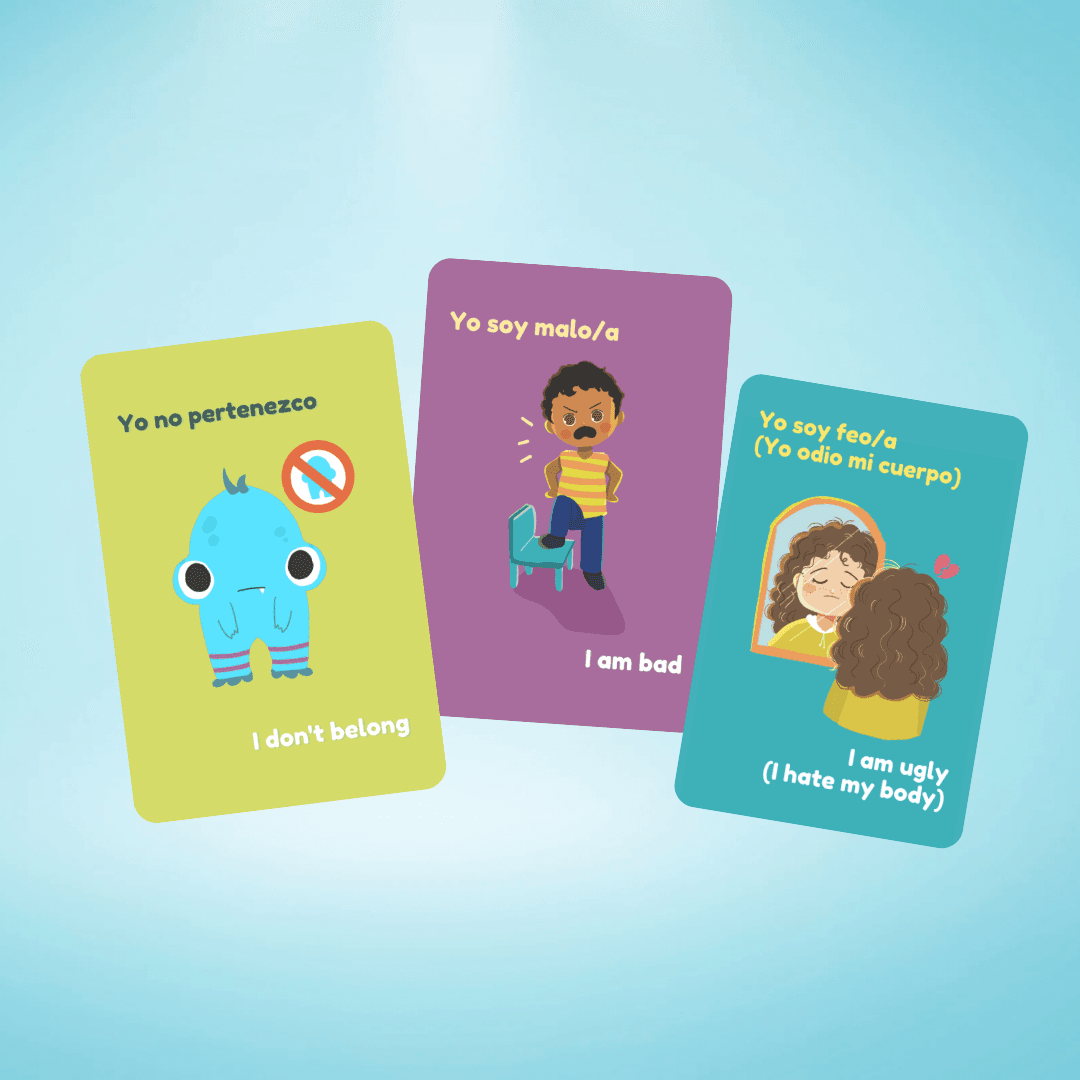 Bilingual EMDR Now Thoughts and New Thoughts card decks laid out with sample cognition cards