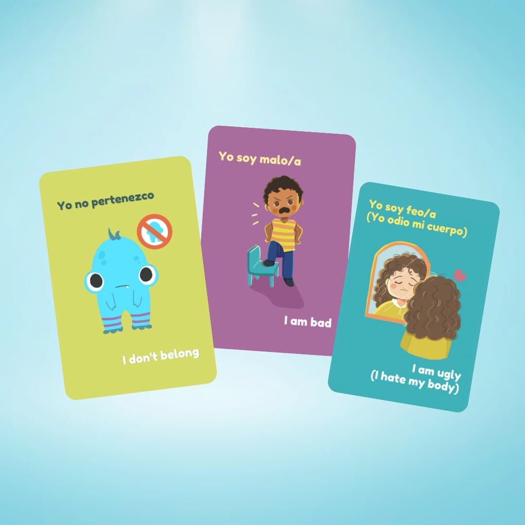 Bilingual EMDR Now Thoughts and New Thoughts card decks laid out with sample cognition cards