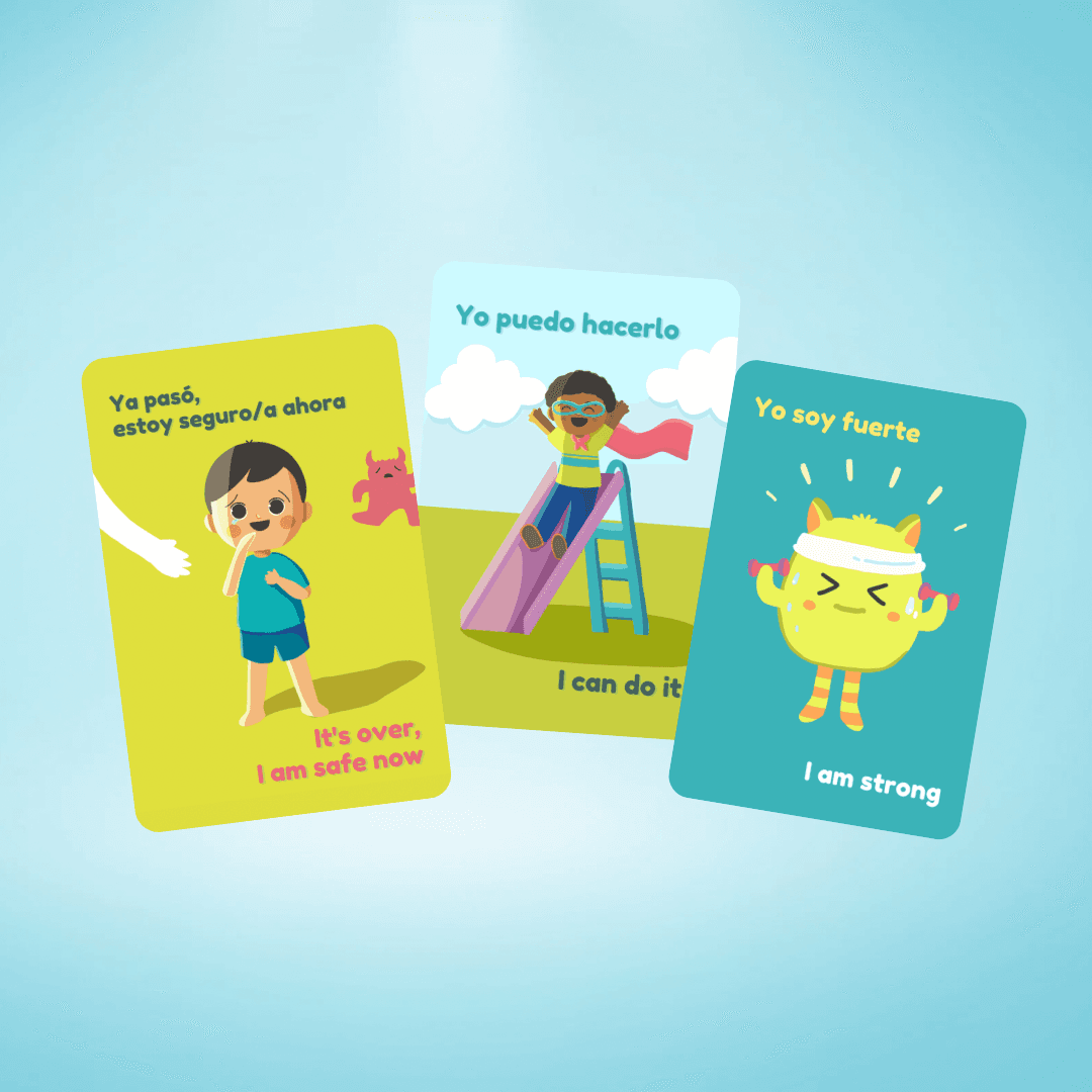 EMDR cognition cards showing English and Spanish text with illustrations of children of diverse cultural backgrounds and abilities